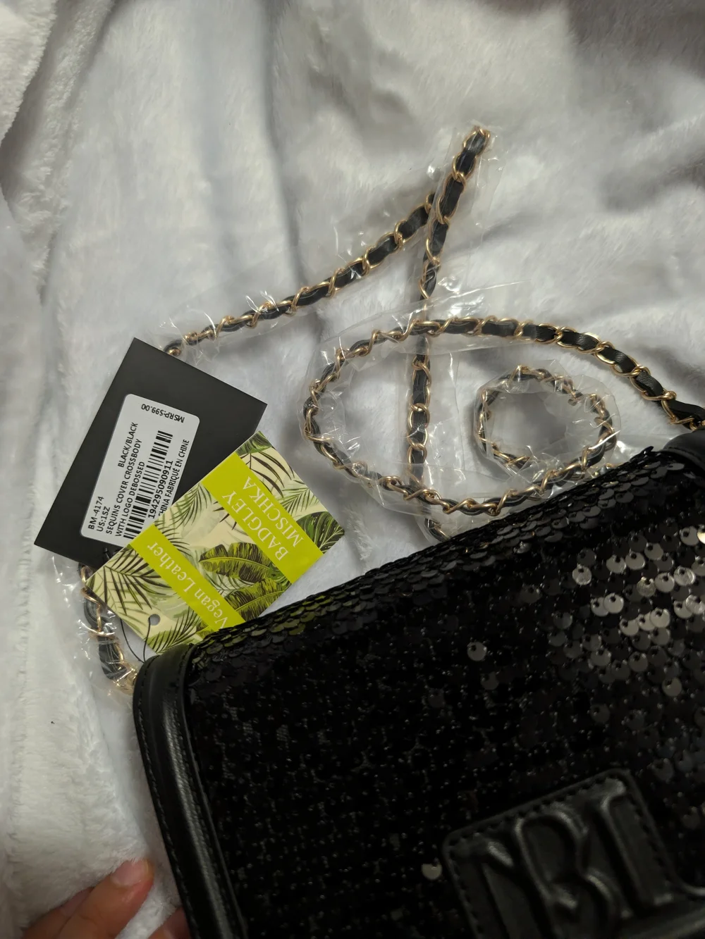 Black Sequin Crossbody Bag with Chain Strap
